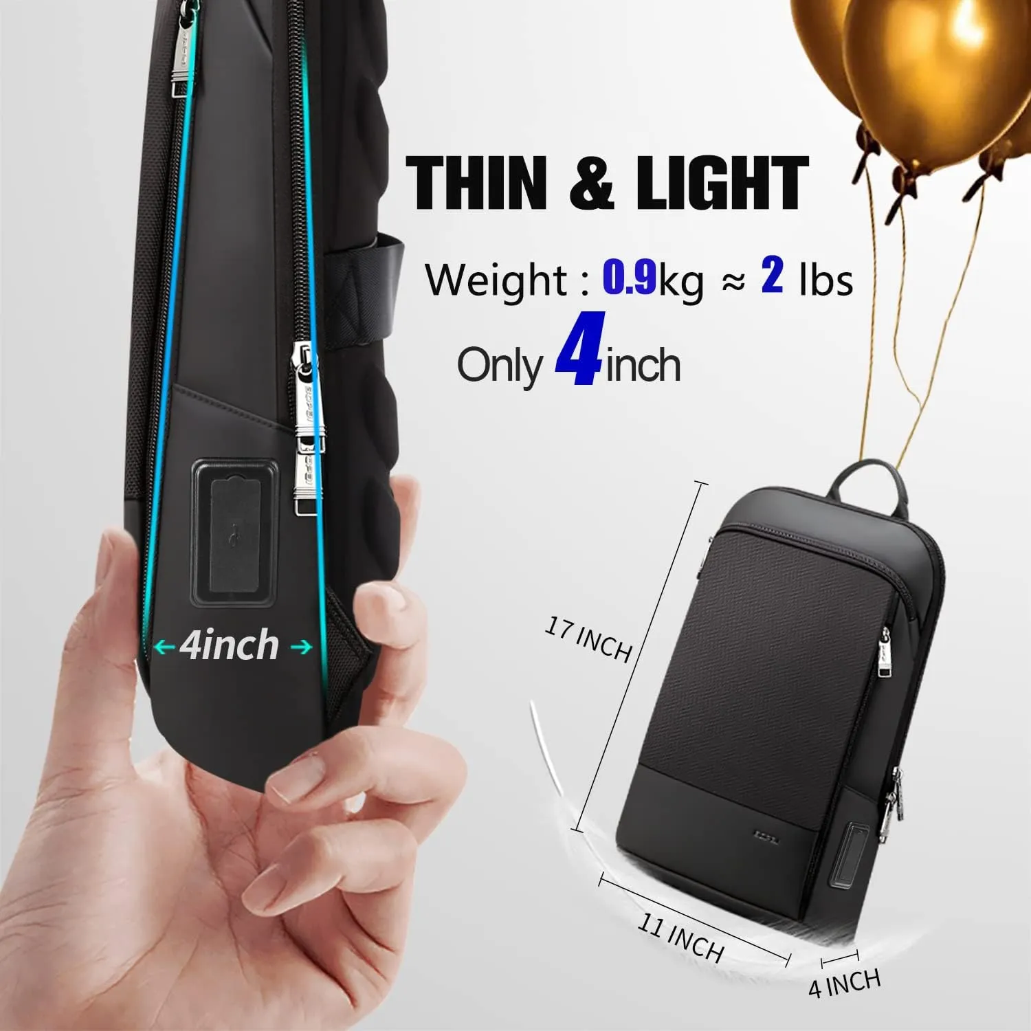 BOPai Slim Laptop Thin Business Backpack 15-15.6 inch with Bottle Holder USB Charging Professional for Men Water Resistant College Notebook Work Office Anti Theft Smart Computer Light Back pack Black