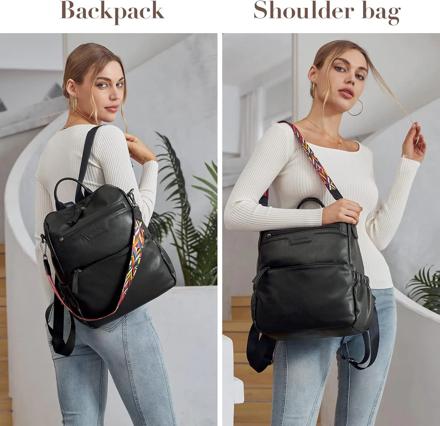 BOSTANTEN Backpack Purse for Women Fashion Designer Travel Backpack Leather Convertible Shoulder Bags Casual Daypack Black