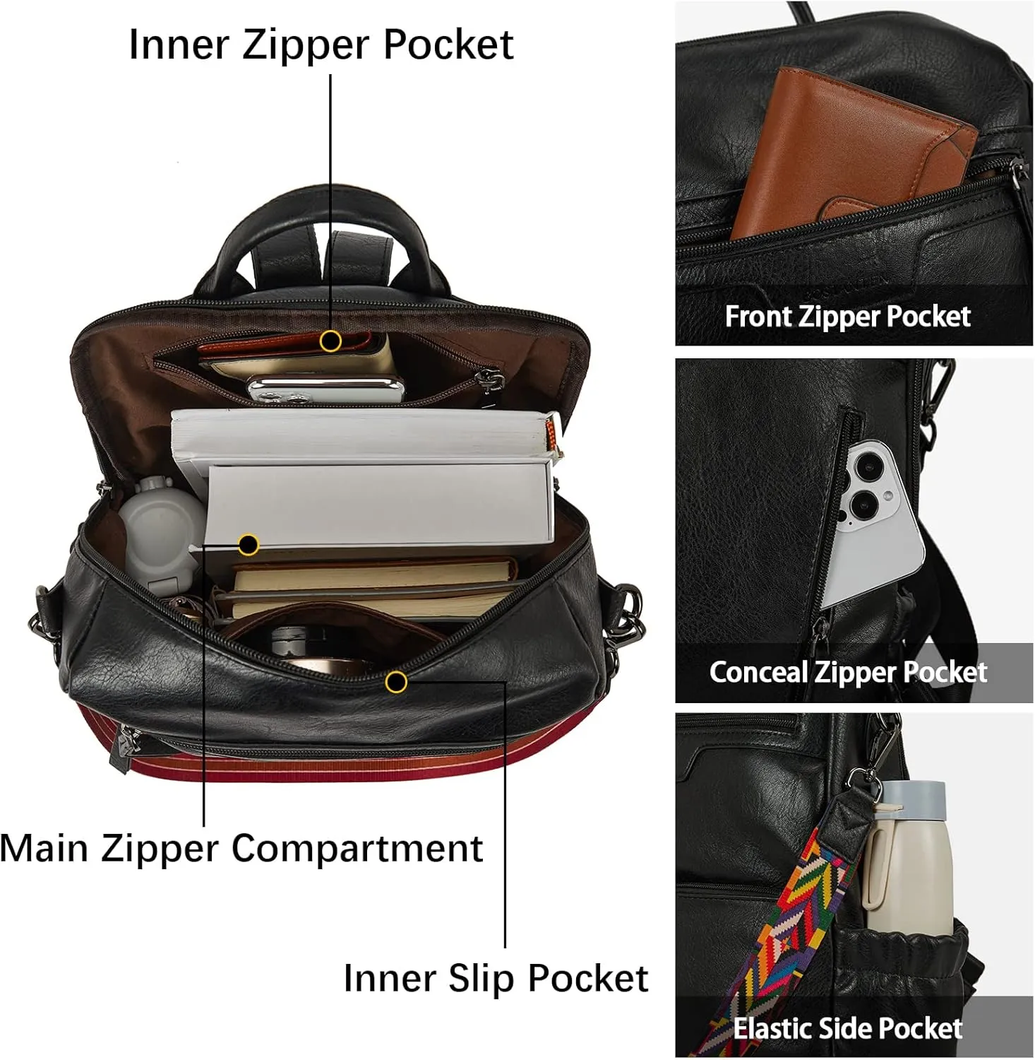 BOSTANTEN Backpack Purse for Women Fashion Designer Travel Backpack Leather Convertible Shoulder Bags Casual Daypack Black