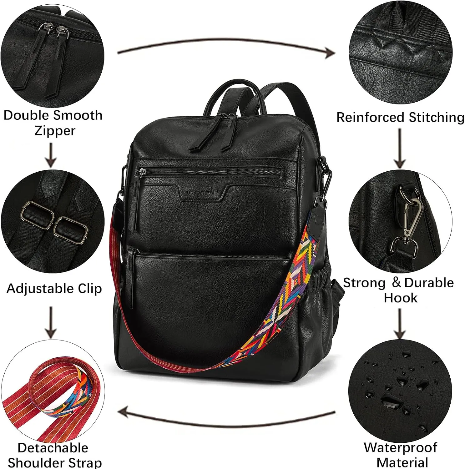 BOSTANTEN Backpack Purse for Women Fashion Designer Travel Backpack Leather Convertible Shoulder Bags Casual Daypack Black