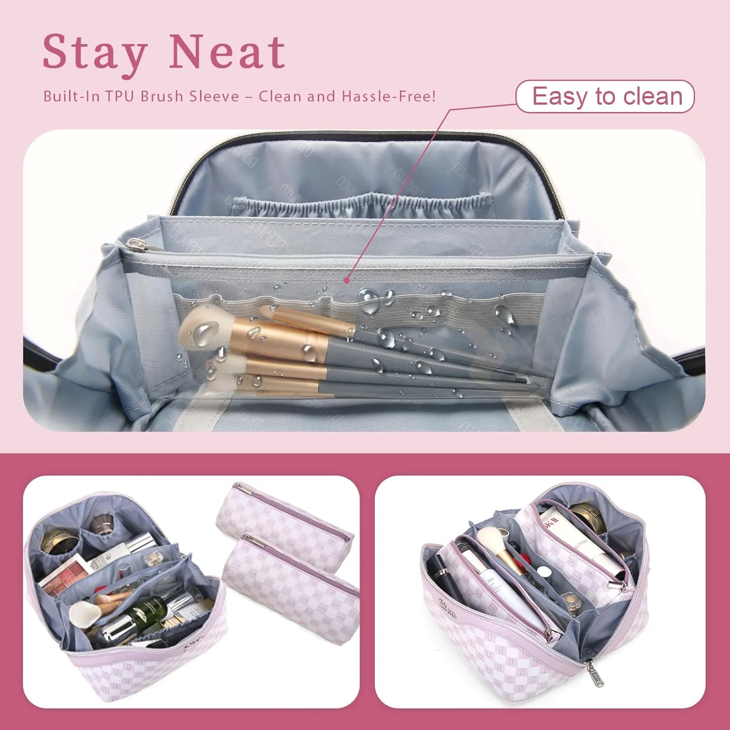 BOYATU Travel Makeup Bag Cosmetic Bags for Women: Large Make up Bags Set of 3 - Portable Makeup Organizer with Compartments&Handle&Divider - Waterproof PU Leather Toiletry Bag(02-Purple)