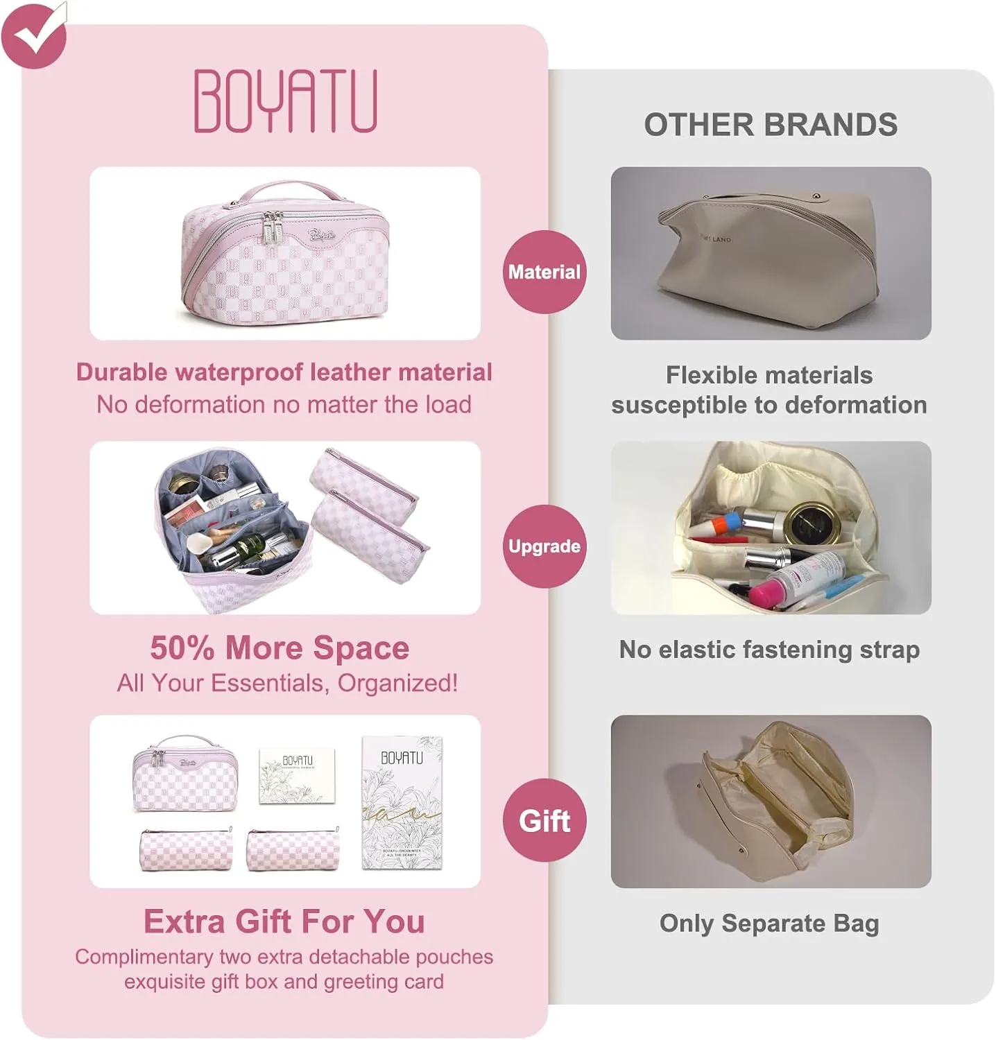 BOYATU Travel Makeup Bag Cosmetic Bags for Women: Large Make up Bags Set of 3 - Portable Makeup Organizer with Compartments&Handle&Divider - Waterproof PU Leather Toiletry Bag(02-Purple)