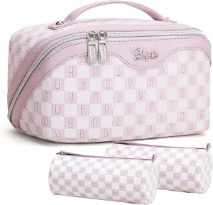 BOYATU Travel Makeup Bag Cosmetic Bags for Women: Large Make up Bags Set of 3 - Portable Makeup Organizer with Compartments&Handle&Divider - Waterproof PU Leather Toiletry Bag(02-Purple)
