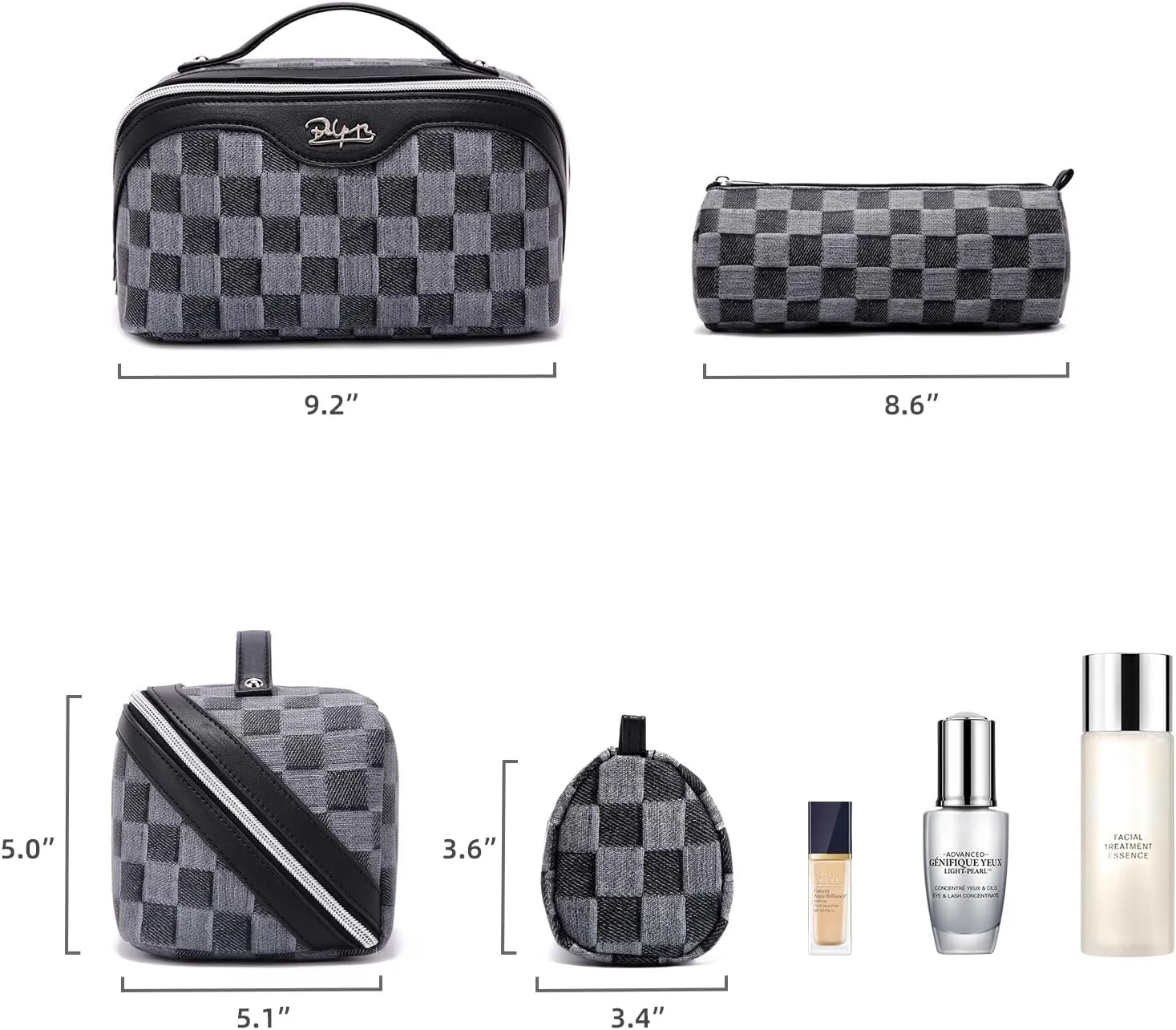 BOYATU Travel Makeup Bag for Women: Large Cosmetic Bag Set of 3 - Vegan Leather Make up Bag with Compartments - Compact Waterproof Toiletry Bag with Divider & Handle (07Black)