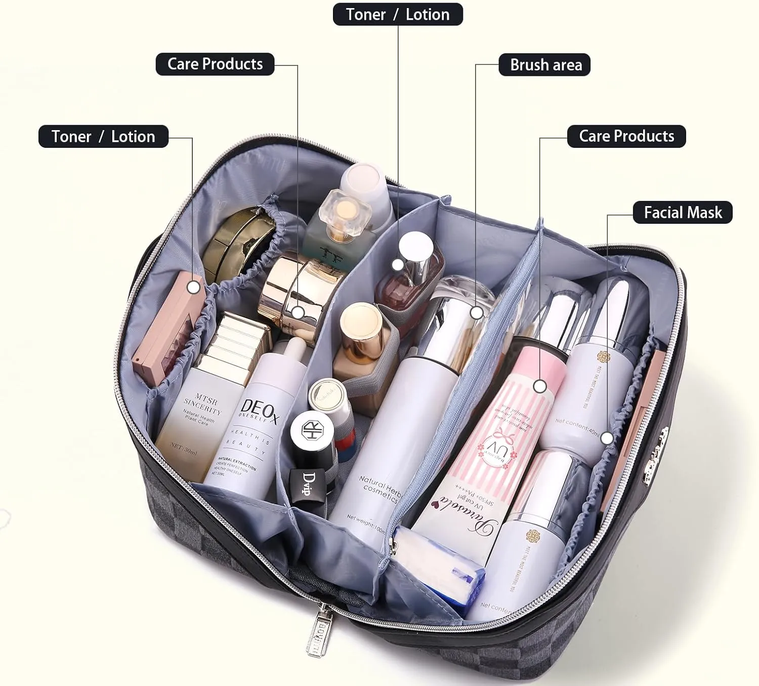 BOYATU Travel Makeup Bag for Women: Large Cosmetic Bag Set of 3 - Vegan Leather Make up Bag with Compartments - Compact Waterproof Toiletry Bag with Divider & Handle (07Black)