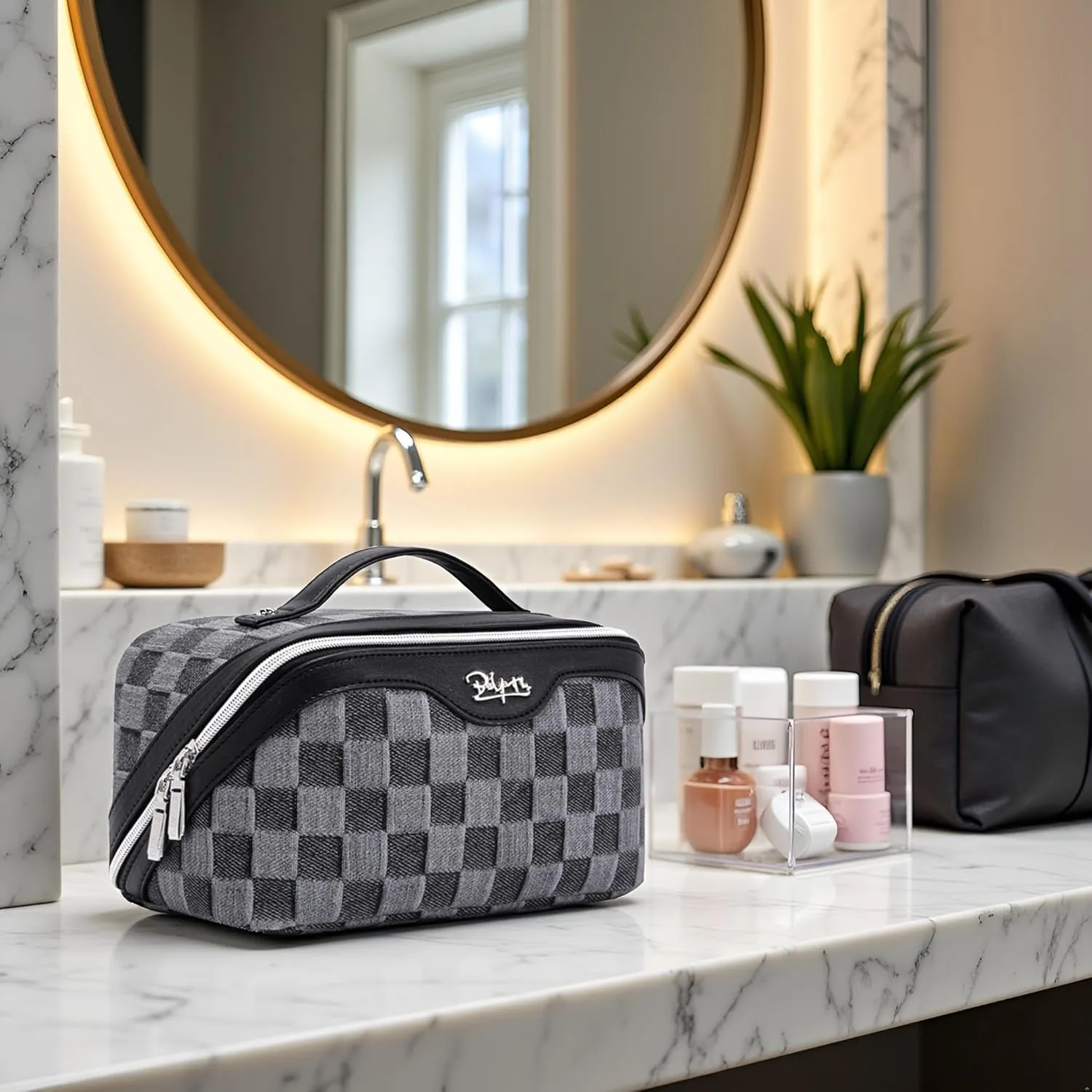 BOYATU Travel Makeup Bag for Women: Large Cosmetic Bag Set of 3 - Vegan Leather Make up Bag with Compartments - Compact Waterproof Toiletry Bag with Divider & Handle (07Black)