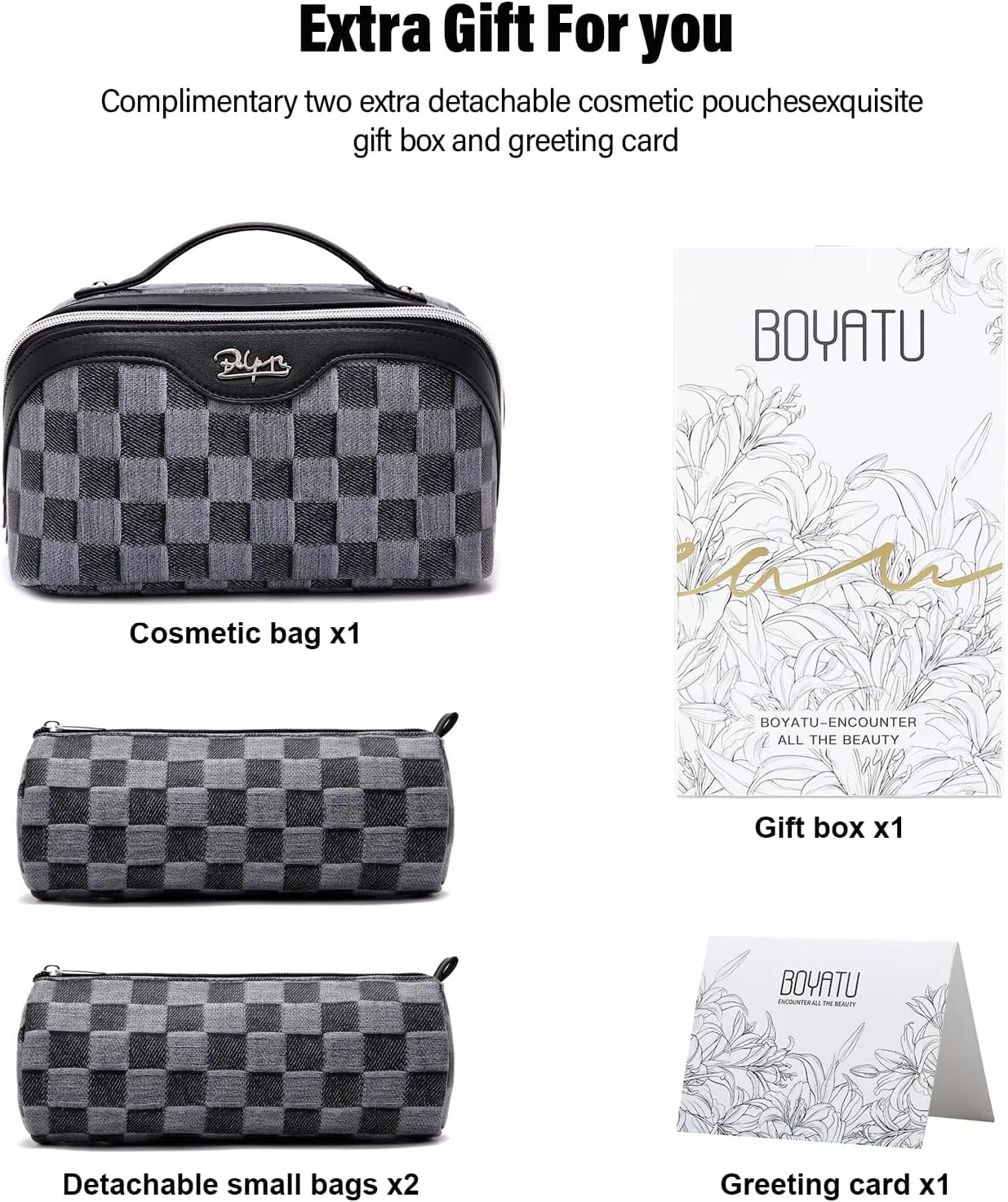 BOYATU Travel Makeup Bag for Women: Large Cosmetic Bag Set of 3 - Vegan Leather Make up Bag with Compartments - Compact Waterproof Toiletry Bag with Divider & Handle (07Black)