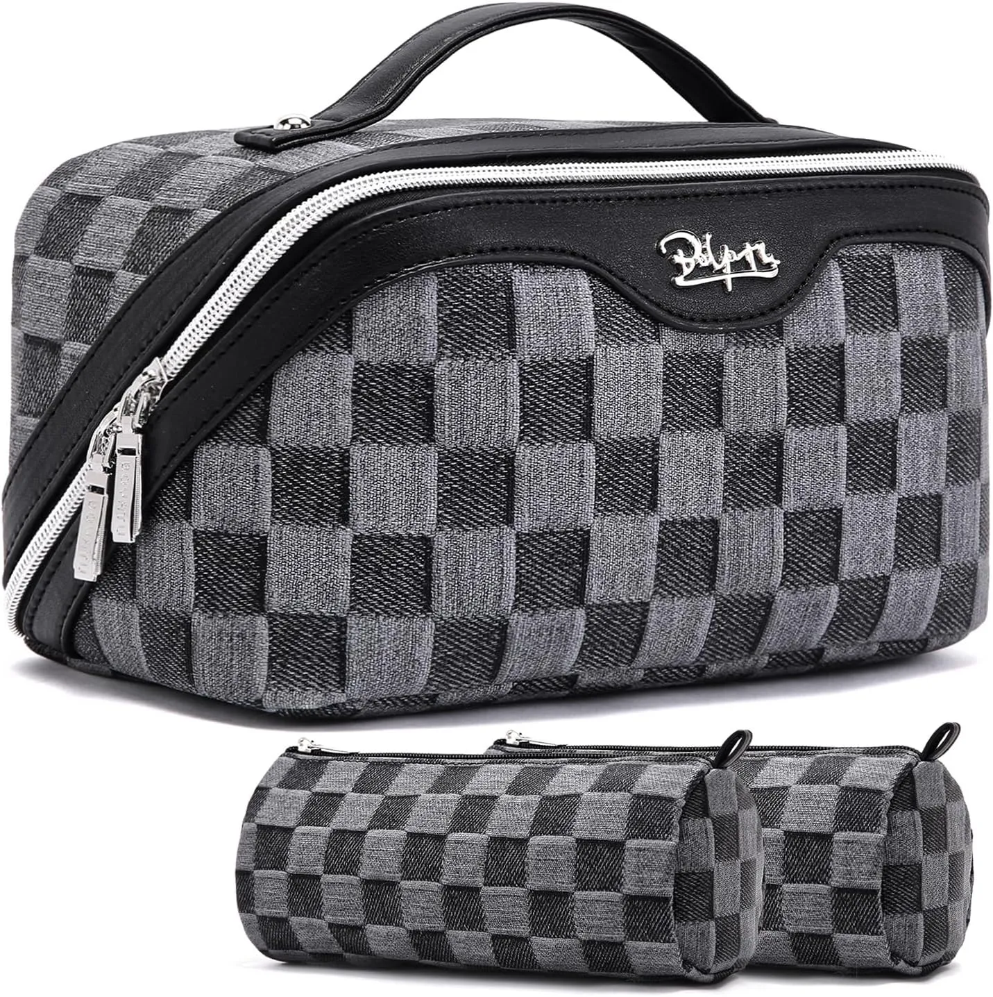BOYATU Travel Makeup Bag for Women: Large Cosmetic Bag Set of 3 - Vegan Leather Make up Bag with Compartments - Compact Waterproof Toiletry Bag with Divider & Handle (07Black)