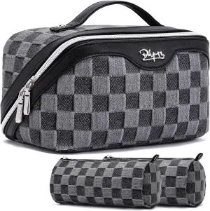 BOYATU Travel Makeup Bag for Women: Large Cosmetic Bag Set of 3 - Vegan Leather Make up Bag with Compartments - Compact Waterproof Toiletry Bag with Divider & Handle (07Black)