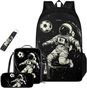 Boys School Bags for 8-9 with Lunch Box Bag Also 4 Pieces Astronaut Soccer Backpack for Boys for School Lightweight Bookbag for Teenage Kids Large Capacity for School Travel
