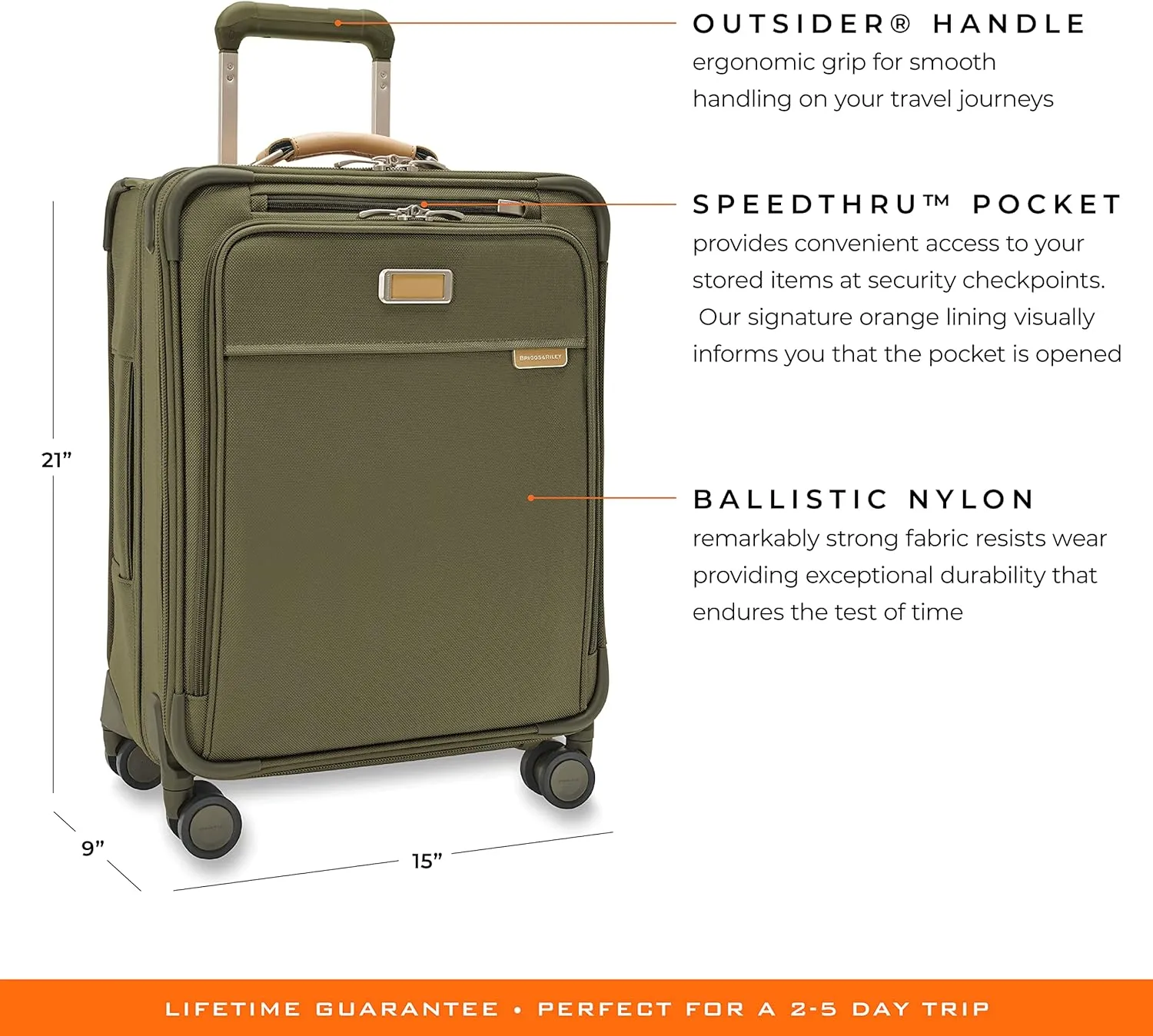 Briggs & Riley 21" Global Carry On Expandable Spinner - Luggage for International Travel, Suitcases with Wheels, Softside Rolling Bag for Men & Women, Self-Repairing Zipper- Baseline Collection, Olive
