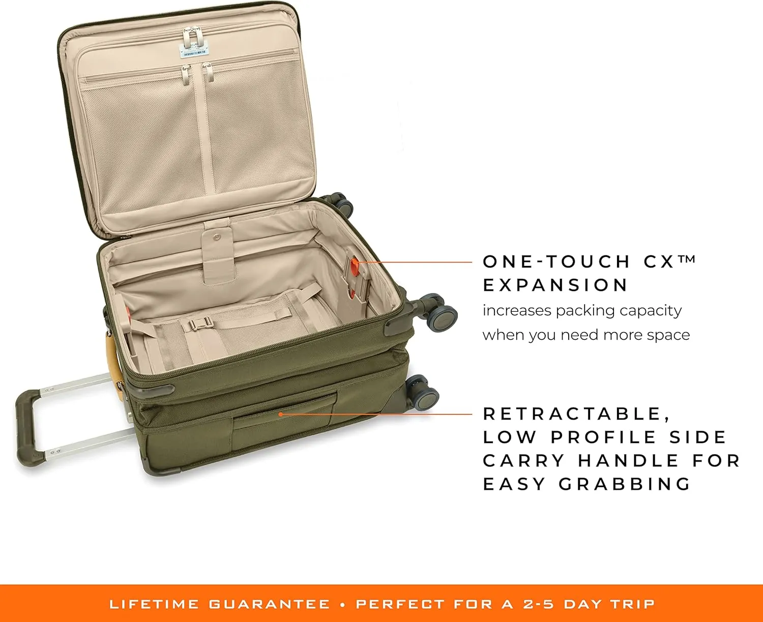 Briggs & Riley 21" Global Carry On Expandable Spinner - Luggage for International Travel, Suitcases with Wheels, Softside Rolling Bag for Men & Women, Self-Repairing Zipper- Baseline Collection, Olive