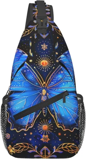 Brightly Butterfly with Ornate Border Flower Sling Backpack Crossbody Bag, Chest Bag Daypack for Outdoors Hiking Traveling