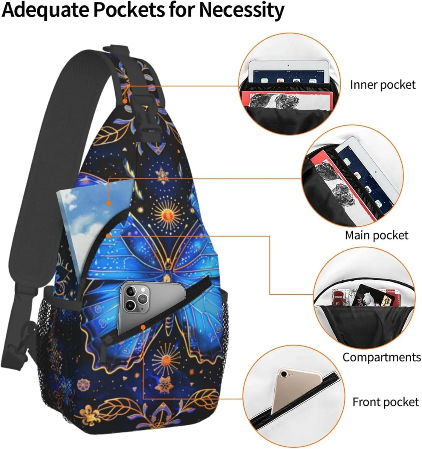 Brightly Butterfly with Ornate Border Flower Sling Backpack Crossbody Bag, Chest Bag Daypack for Outdoors Hiking Traveling