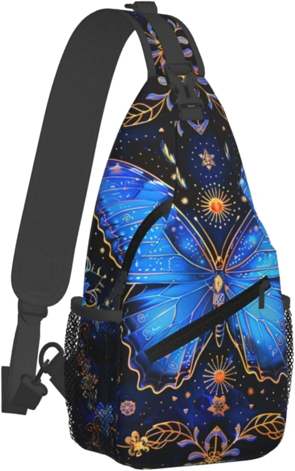 Brightly Butterfly with Ornate Border Flower Sling Backpack Crossbody Bag, Chest Bag Daypack for Outdoors Hiking Traveling