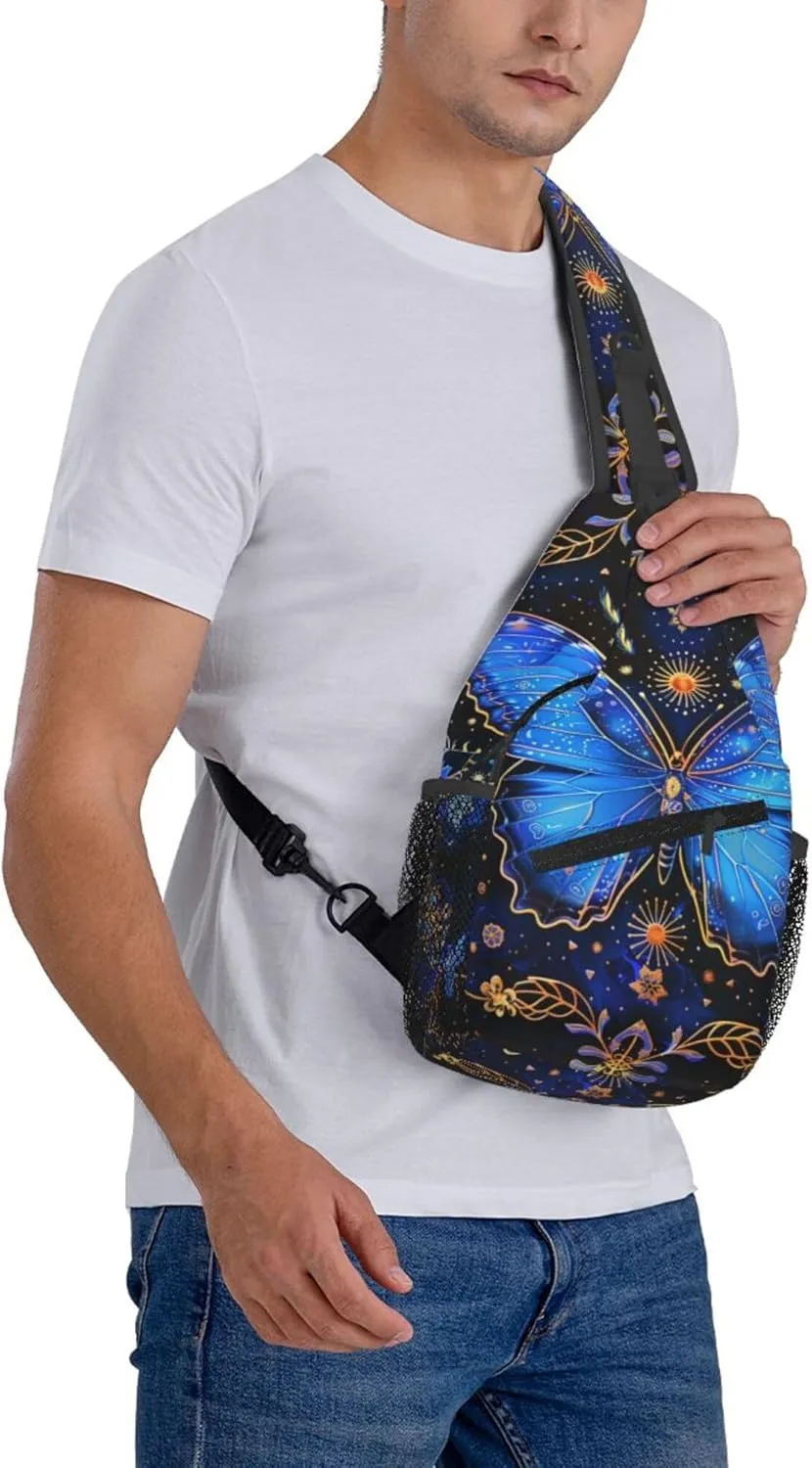 Brightly Butterfly with Ornate Border Flower Sling Backpack Crossbody Bag, Chest Bag Daypack for Outdoors Hiking Traveling