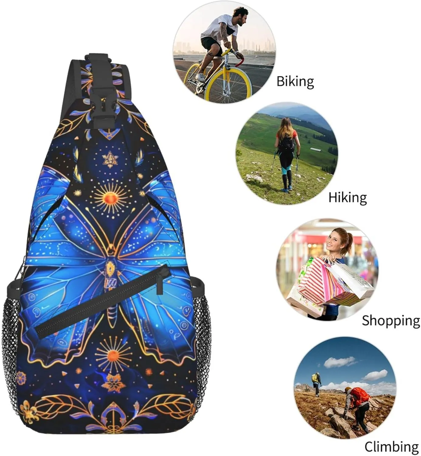 Brightly Butterfly with Ornate Border Flower Sling Backpack Crossbody Bag, Chest Bag Daypack for Outdoors Hiking Traveling