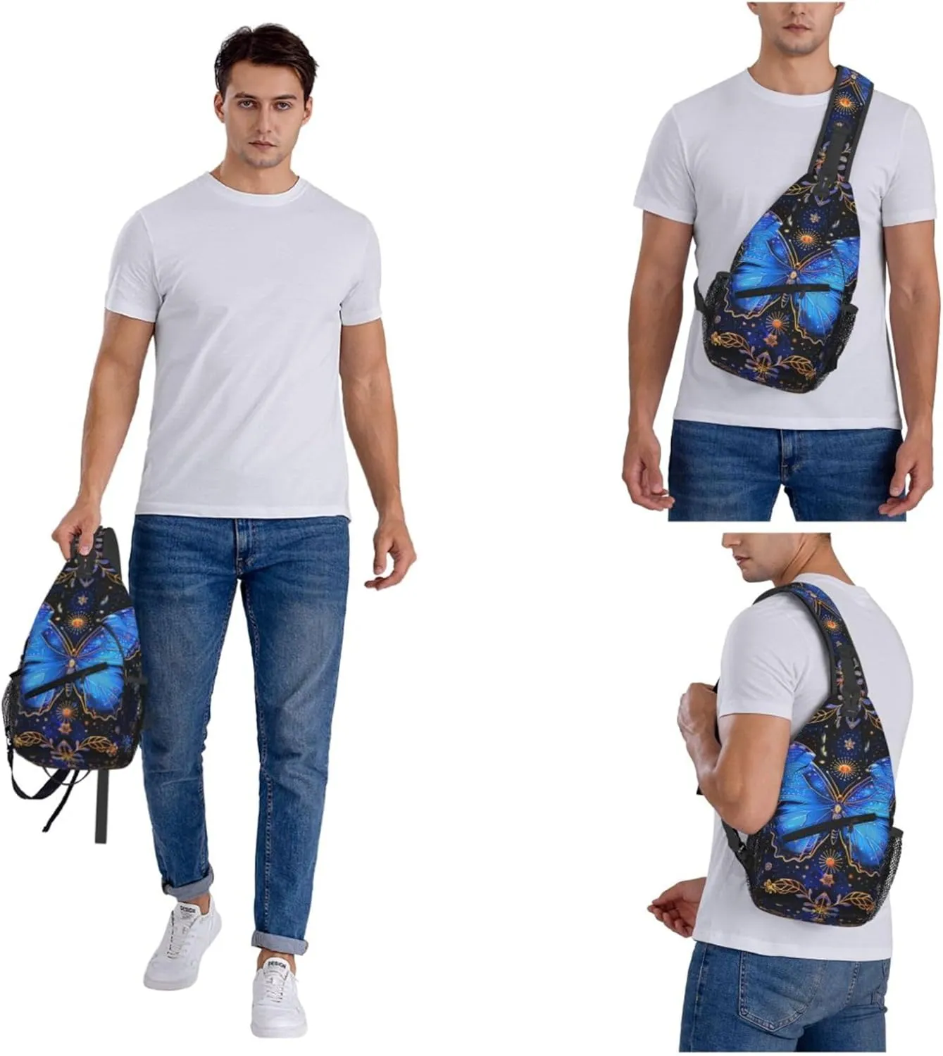 Brightly Butterfly with Ornate Border Flower Sling Backpack Crossbody Bag, Chest Bag Daypack for Outdoors Hiking Traveling