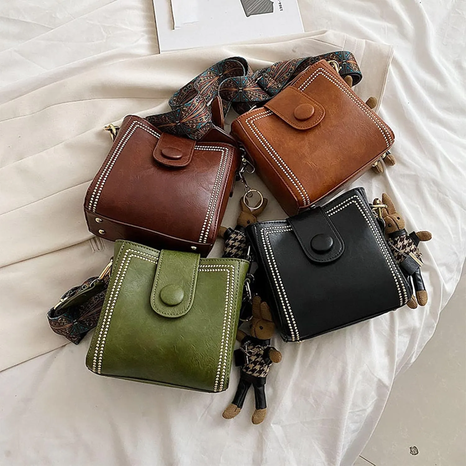 Bucket Bag, Women's Vintage Bunny Charm Bucket Bag Convertible Shoulder Crossbody, Vintage Fashion