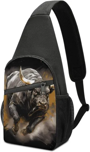 Bull Painting Bullfight Crossbody Sling Backpack Adjustable Straps Chest Bag for Hiking Traveling Outdoors