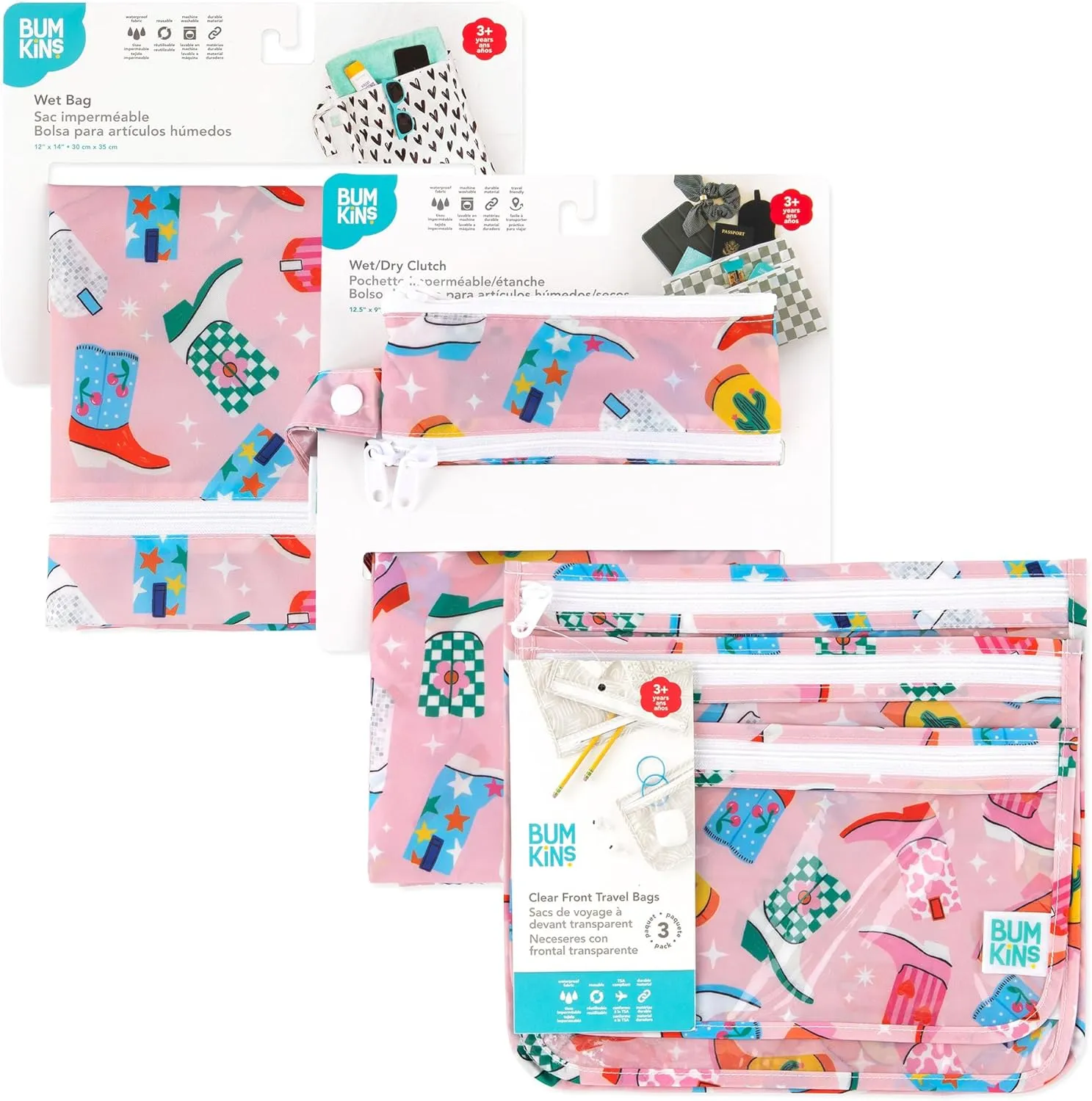 Bumkins Waterproof Wet Bag and Packing Pouches, TSA Airline Compliant, Pack for Baby, Travel, Swim Suit, Cloth Diapers, Pump Parts, Pool, Gym Clothes, Toiletry, Daycare, Zip Bag, 5-pc Cowgirl Boots