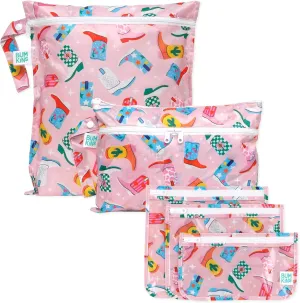 Bumkins Waterproof Wet Bag and Packing Pouches, TSA Airline Compliant, Pack for Baby, Travel, Swim Suit, Cloth Diapers, Pump Parts, Pool, Gym Clothes, Toiletry, Daycare, Zip Bag, 5-pc Cowgirl Boots