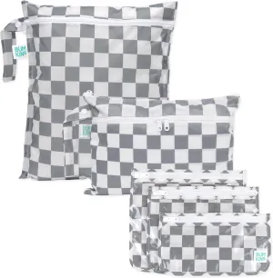 Bumkins Waterproof Wet Bag and Packing Pouches, TSA Airline Compliant, Pack for Baby, Travel, Swim Suit, Cloth Diapers, Pump Parts, Pool, Gym Clothes, Toiletry, Daycare, Zip Bag, 5-pc Set Gray Check