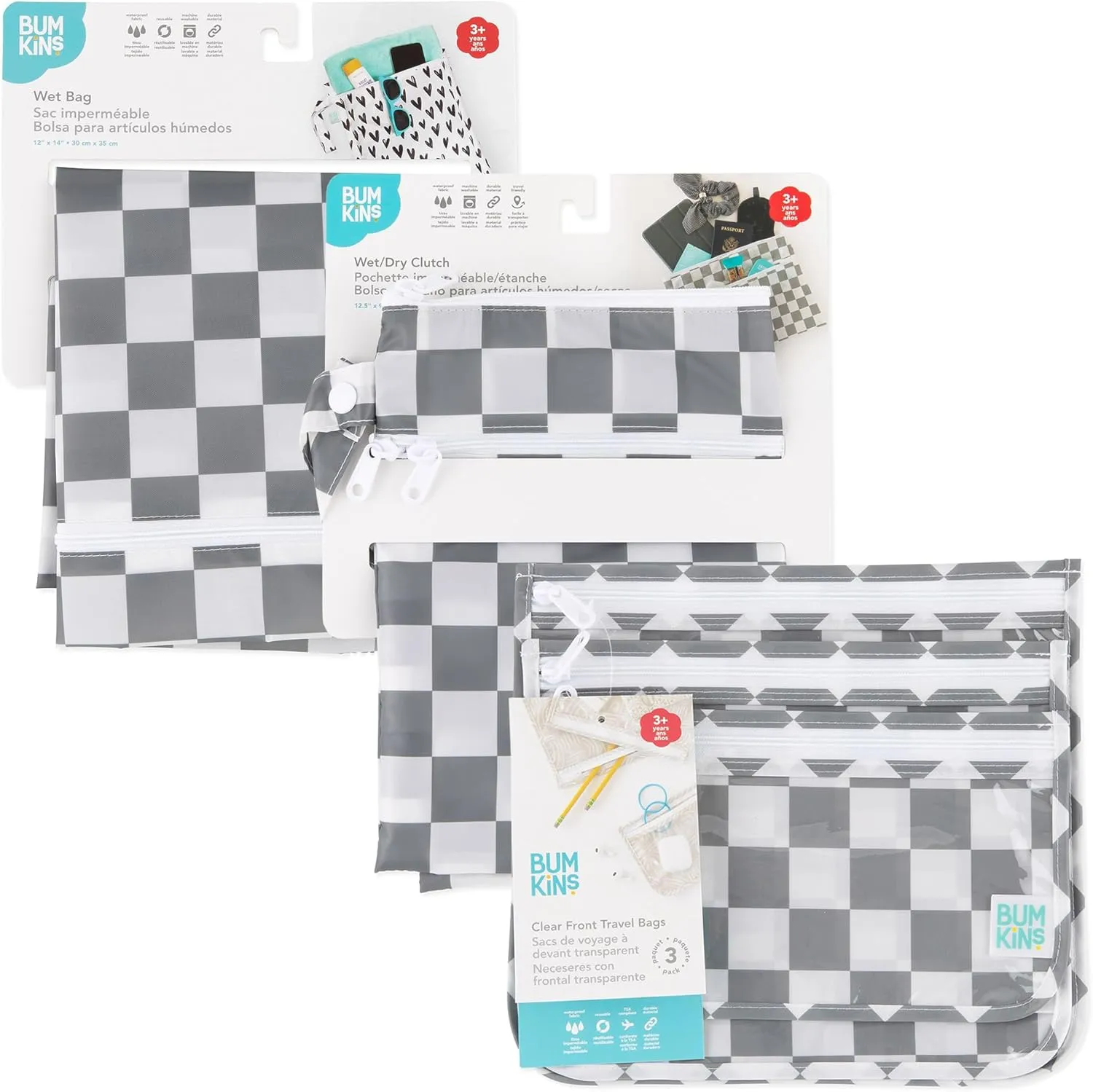 Bumkins Waterproof Wet Bag and Packing Pouches, TSA Airline Compliant, Pack for Baby, Travel, Swim Suit, Cloth Diapers, Pump Parts, Pool, Gym Clothes, Toiletry, Daycare, Zip Bag, 5-pc Set Gray Check