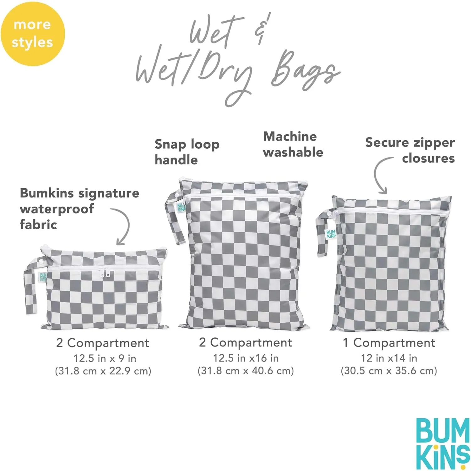 Bumkins Waterproof Wet Bag and Packing Pouches, TSA Airline Compliant, Pack for Baby, Travel, Swim Suit, Cloth Diapers, Pump Parts, Pool, Gym Clothes, Toiletry, Daycare, Zip Bag, 5-pc Set Gray Check