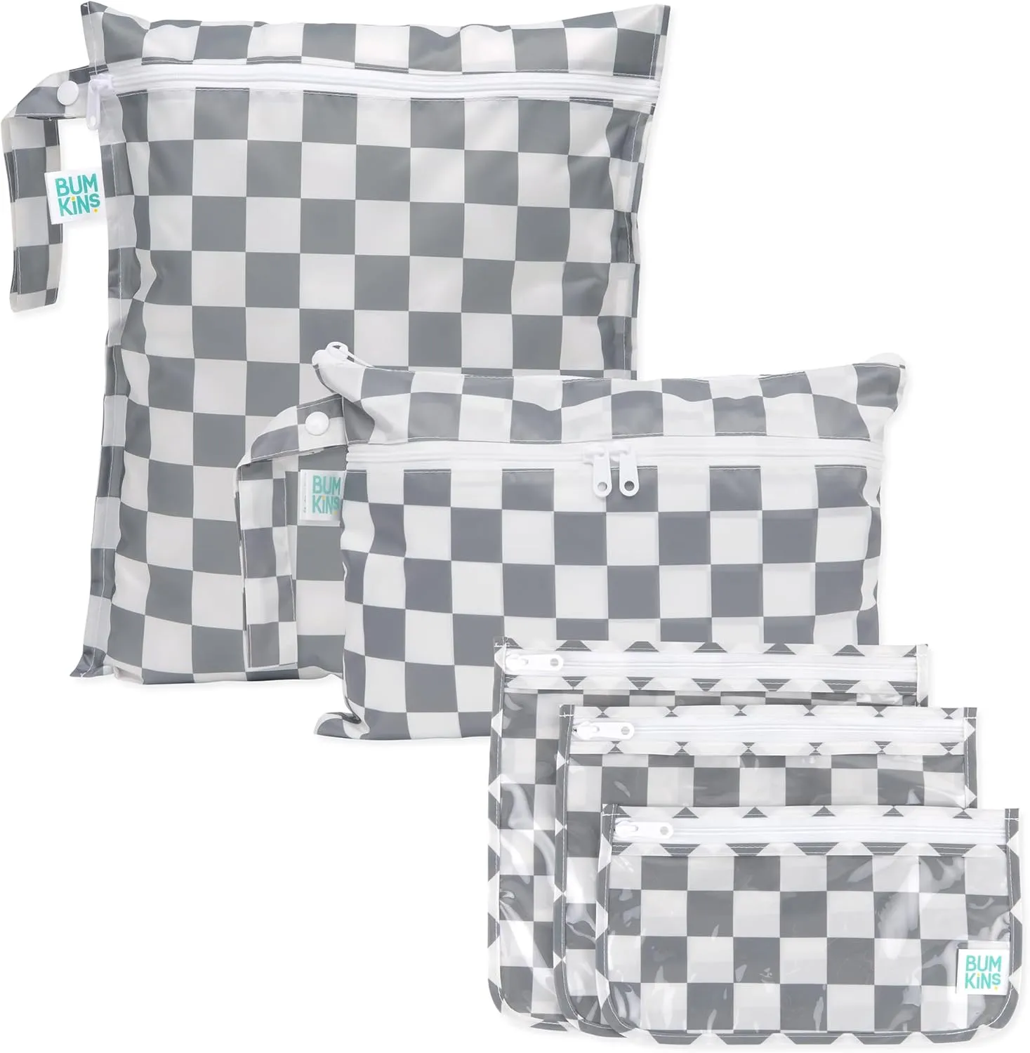 Bumkins Waterproof Wet Bag and Packing Pouches, TSA Airline Compliant, Pack for Baby, Travel, Swim Suit, Cloth Diapers, Pump Parts, Pool, Gym Clothes, Toiletry, Daycare, Zip Bag, 5-pc Set Gray Check