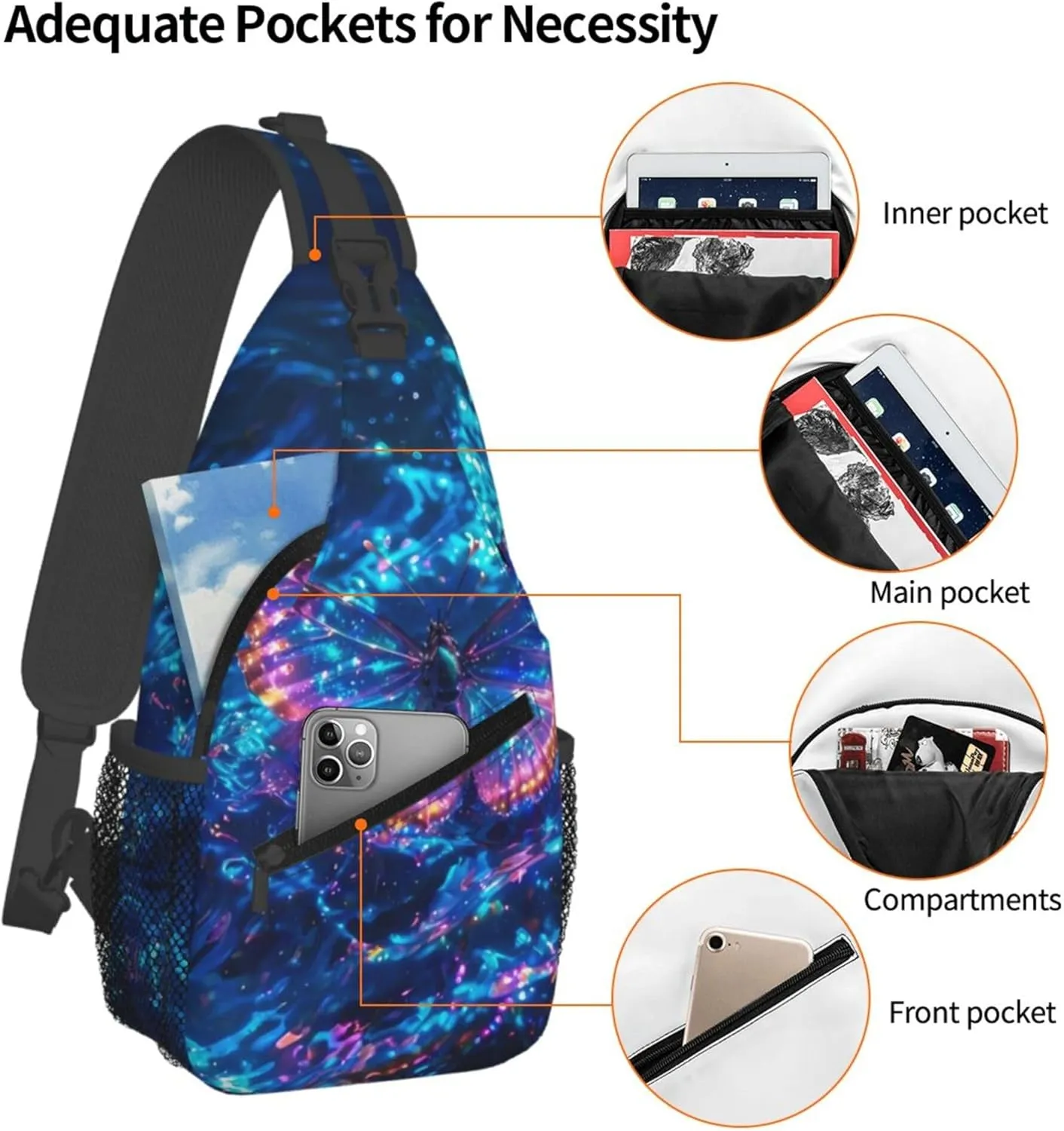 Butterfly Floating Water Sling Backpack Crossbody Bag, Chest Bag Daypack for Outdoors Hiking Traveling
