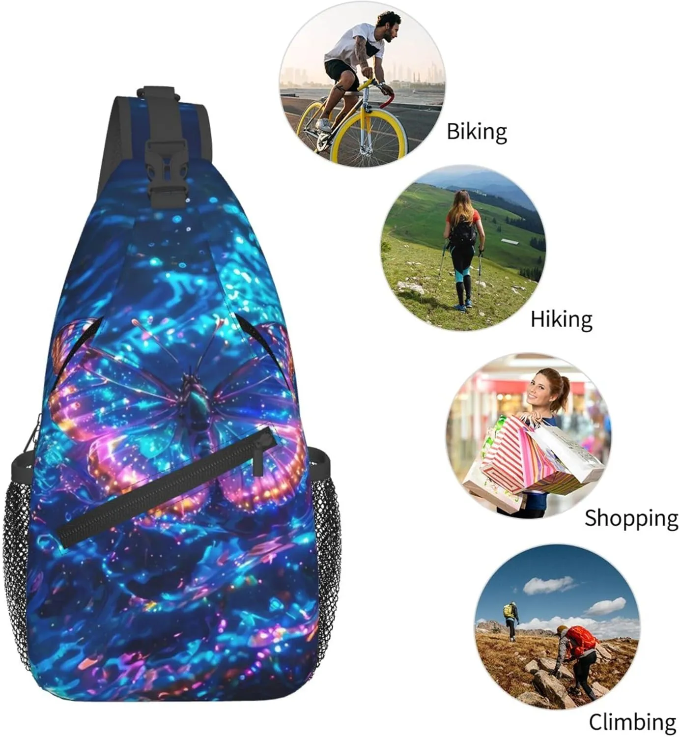Butterfly Floating Water Sling Backpack Crossbody Bag, Chest Bag Daypack for Outdoors Hiking Traveling