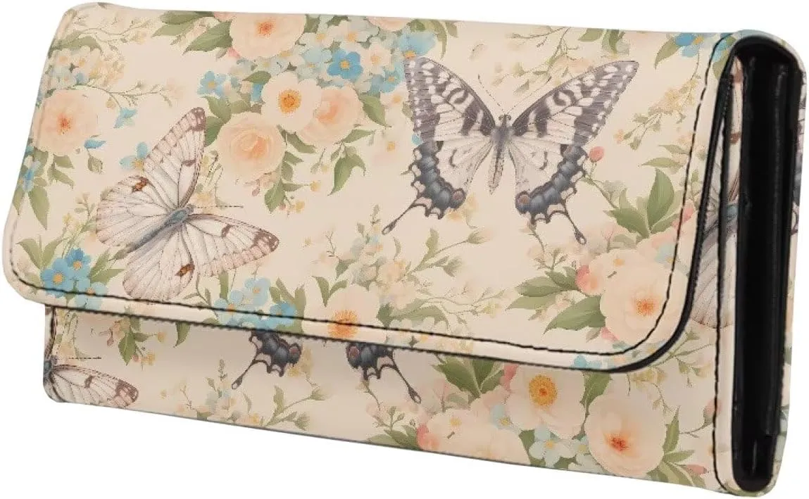 Butterfly Flowers Slim Wallet for Women, Butterflies Floral Printed Leather Long Billfold Credit Card Case with 2 ID Windows