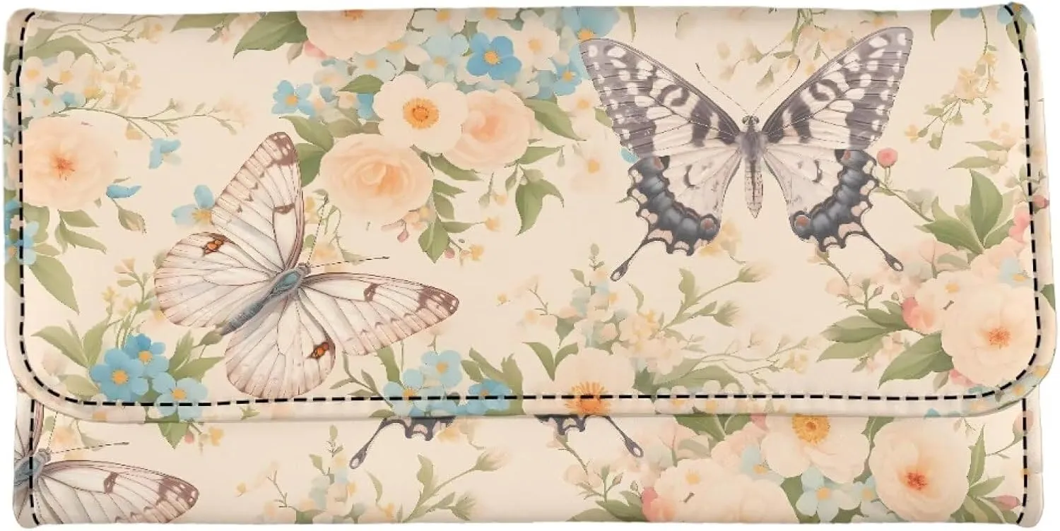 Butterfly Flowers Slim Wallet for Women, Butterflies Floral Printed Leather Long Billfold Credit Card Case with 2 ID Windows