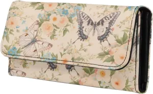 Butterfly Flowers Slim Wallet for Women, Butterflies Floral Printed Leather Long Billfold Credit Card Case with 2 ID Windows