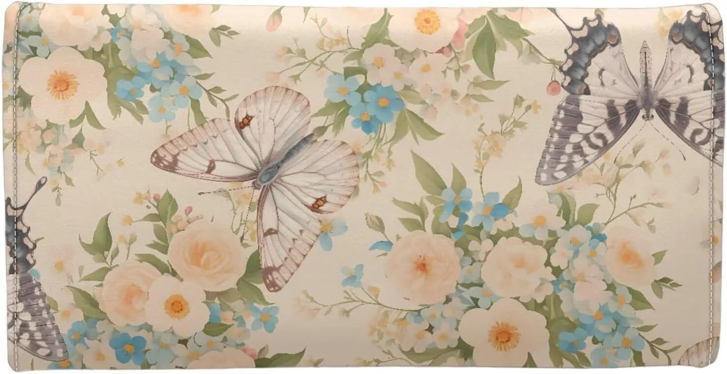 Butterfly Flowers Slim Wallet for Women, Butterflies Floral Printed Leather Long Billfold Credit Card Case with 2 ID Windows