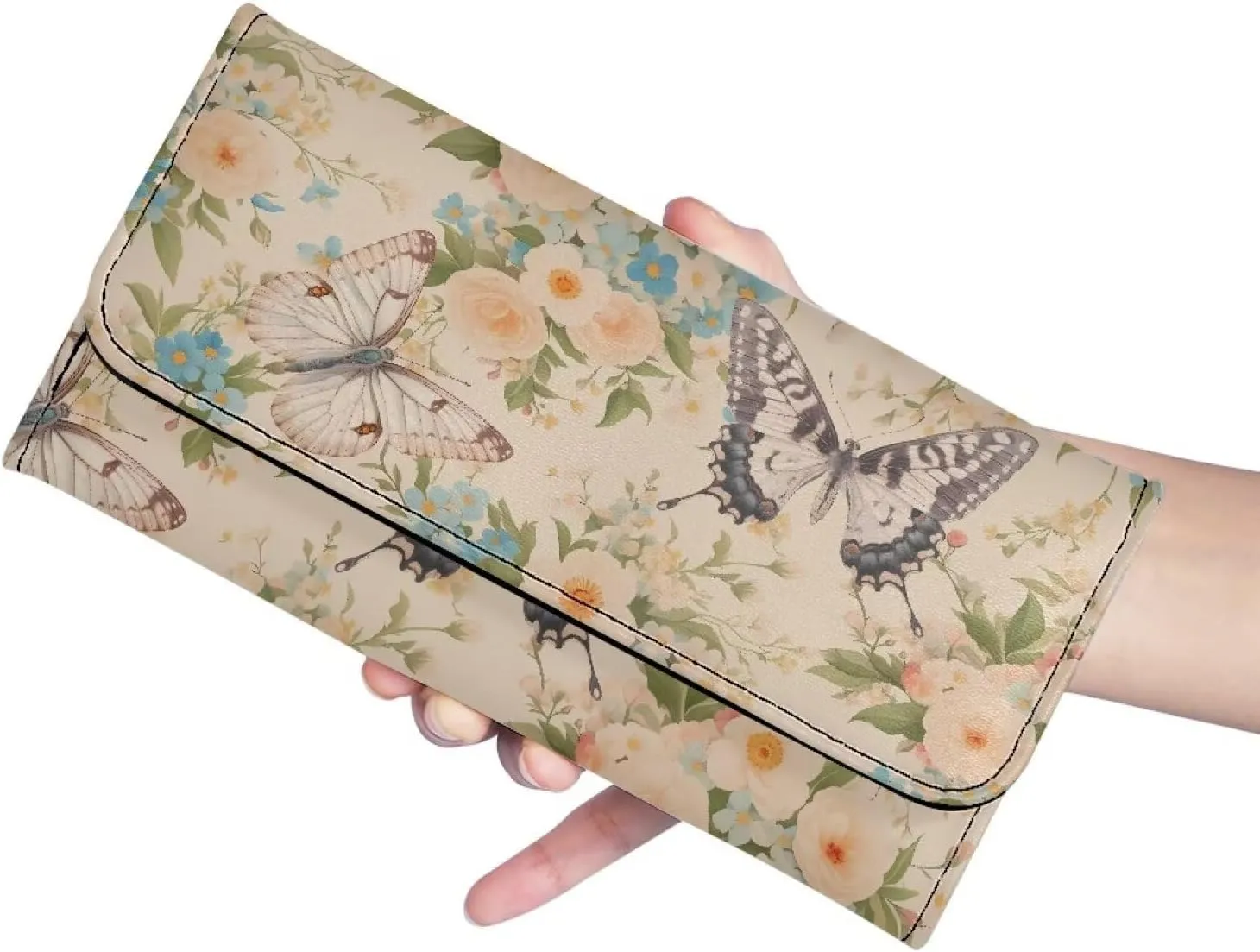 Butterfly Flowers Slim Wallet for Women, Butterflies Floral Printed Leather Long Billfold Credit Card Case with 2 ID Windows