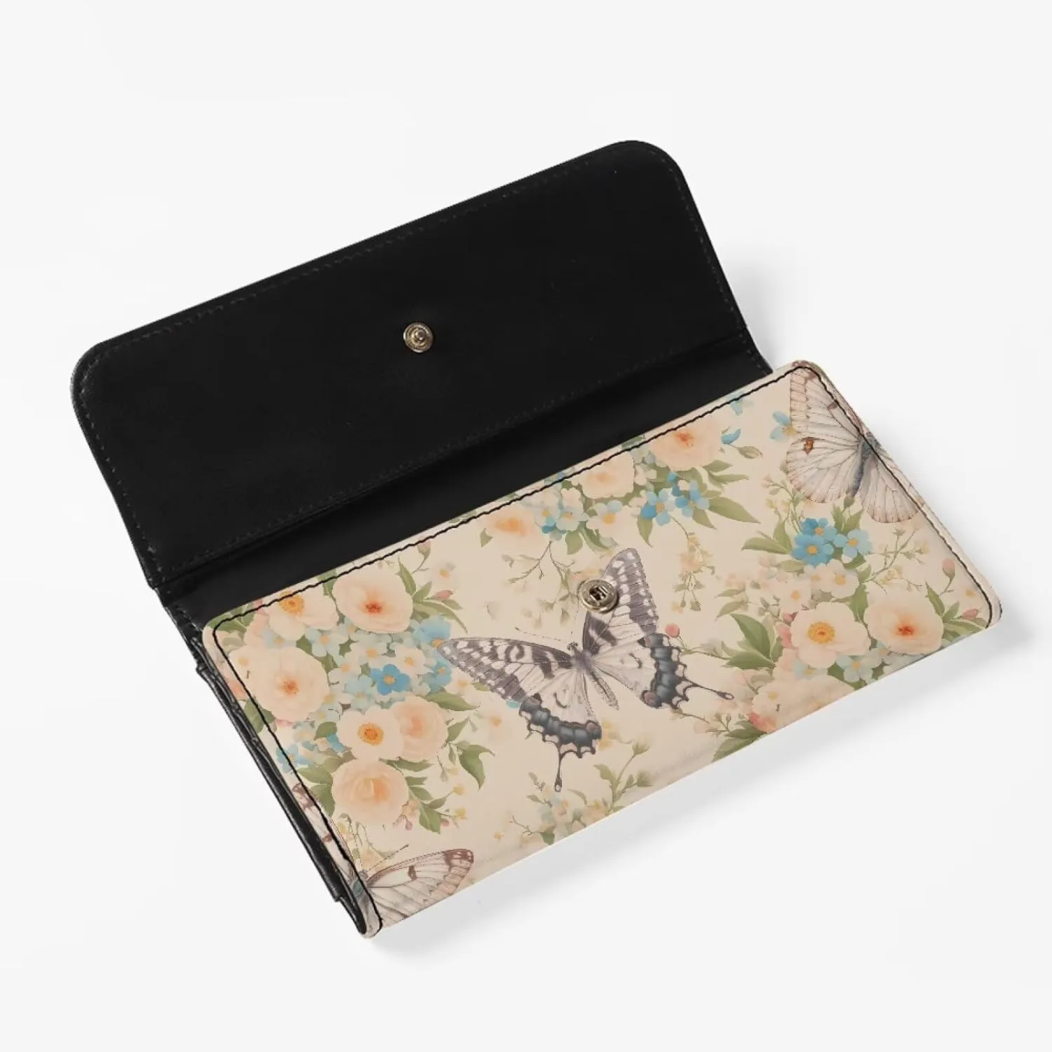 Butterfly Flowers Slim Wallet for Women, Butterflies Floral Printed Leather Long Billfold Credit Card Case with 2 ID Windows