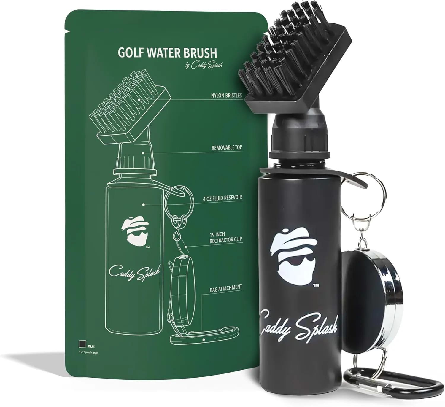 Caddy Splash Golf Club Brush Cleaner with Water - Heavy Duty Retractable Clip- Squeeze Bottle for Easy Cleaning with Nylon Bristles- Holds 4 Oz Water - Golf Accessories- USA Company