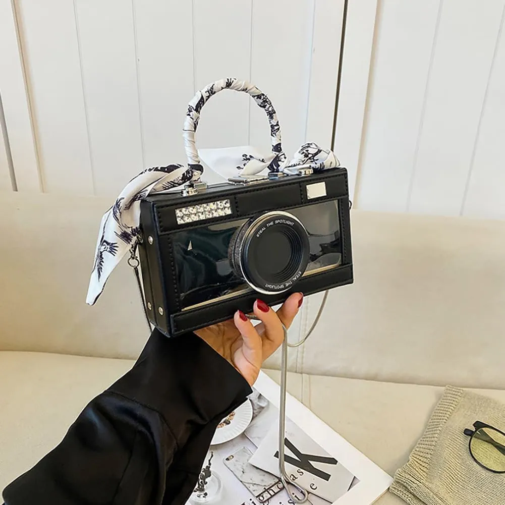 Camera Shaped Purse Handbag, PU Leather Casual Fashion Funny Snapshot Shoulder Bag, Vintage Novelty Box Crossbody Clutch