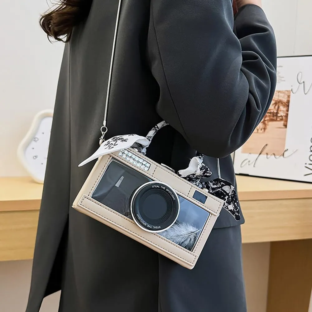 Camera Shaped Purse Handbag, PU Leather Casual Fashion Funny Snapshot Shoulder Bag, Vintage Novelty Box Crossbody Clutch