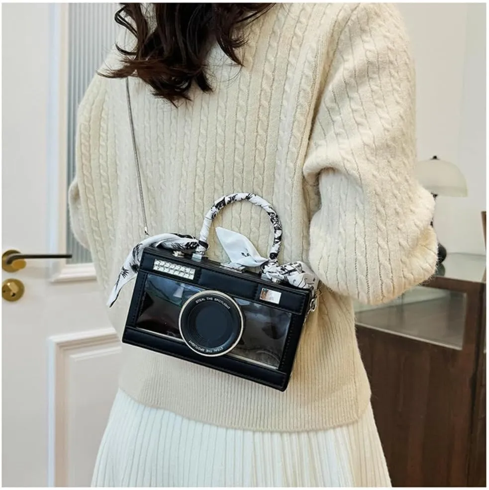 Camera Shaped Purse Handbag, PU Leather Casual Fashion Funny Snapshot Shoulder Bag, Vintage Novelty Box Crossbody Clutch
