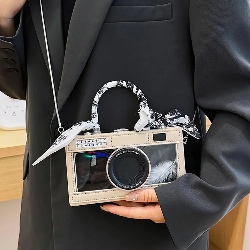 Camera Shaped Purse Handbag, PU Leather Casual Fashion Funny Snapshot Shoulder Bag, Vintage Novelty Box Crossbody Clutch