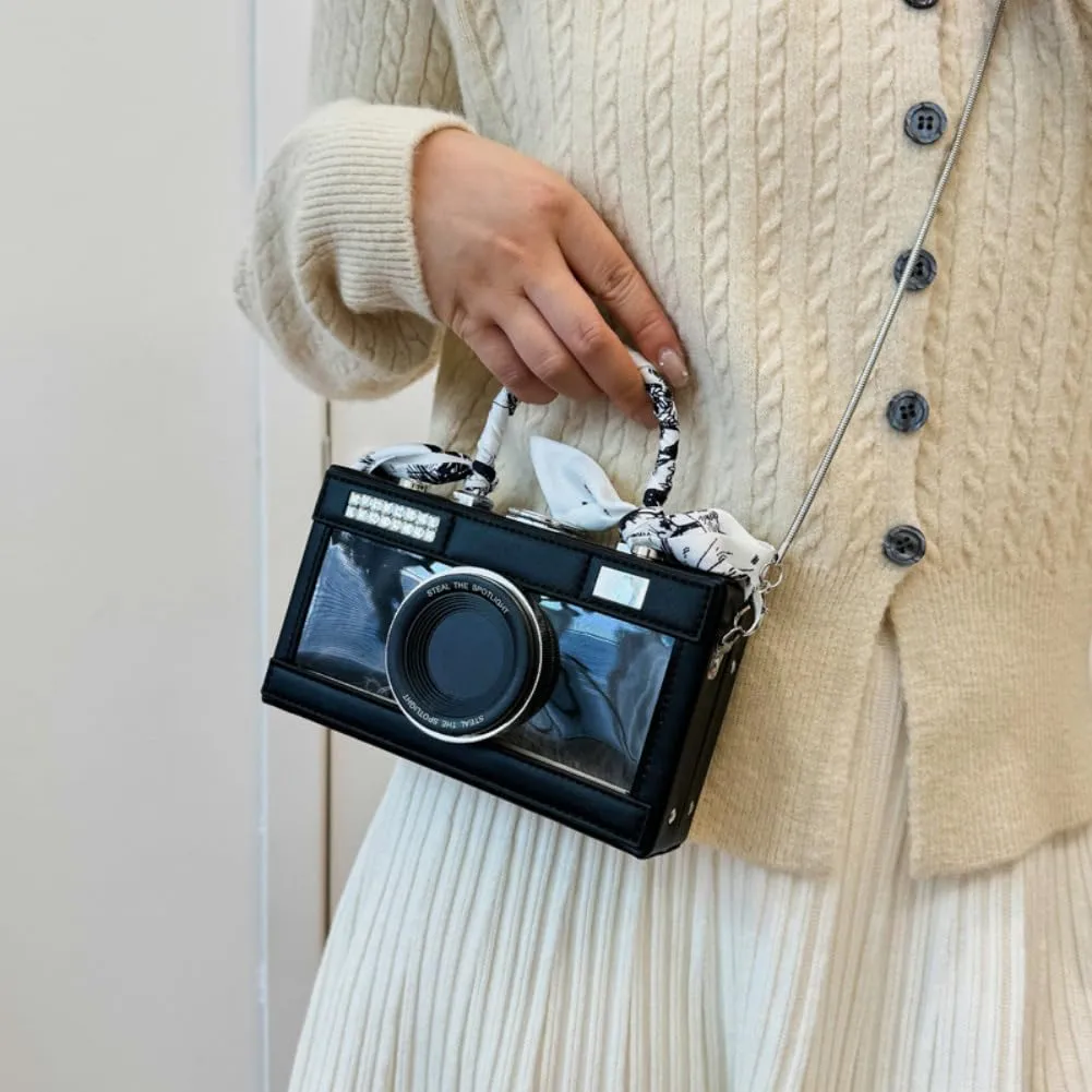 Camera Shaped Purse Handbag, PU Leather Casual Fashion Funny Snapshot Shoulder Bag, Vintage Novelty Box Crossbody Clutch