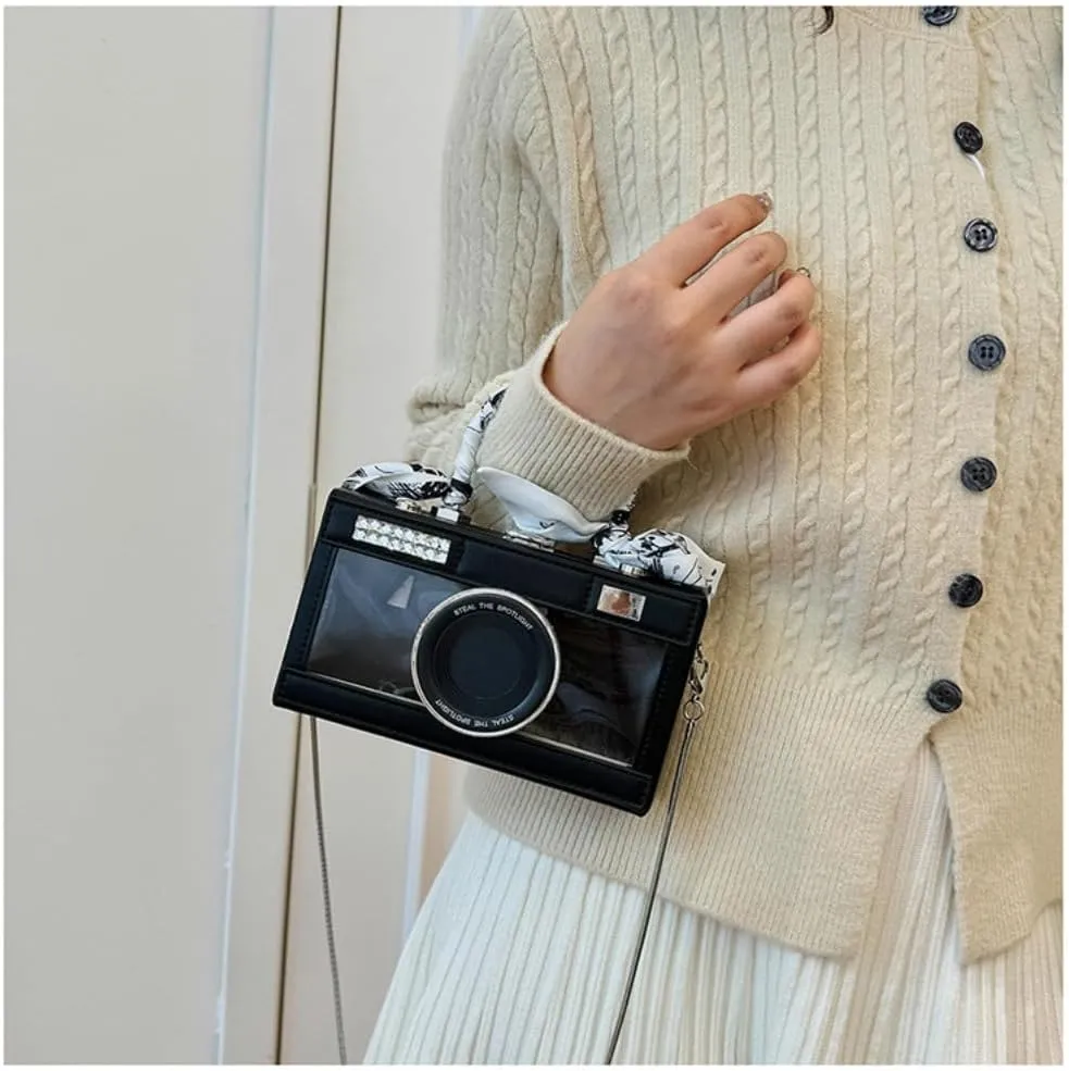 Camera Shaped Purse Handbag, PU Leather Casual Fashion Funny Snapshot Shoulder Bag, Vintage Novelty Box Crossbody Clutch