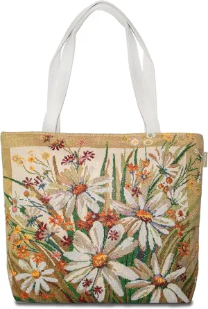 Canvas Floral Tote Bag for Women Small Lightweight Purse with Zipper Closure, Jacquard Shoulder Bag with Inner Pocket and Compartments for Travel, Work, Beach, Shopping, Gym, Daily Essentials