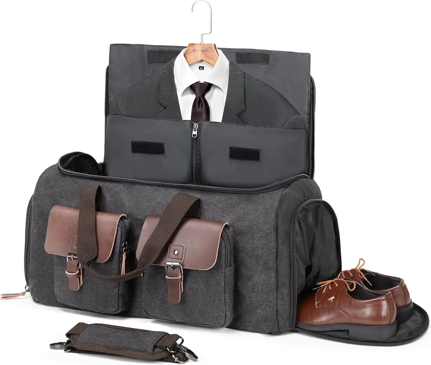 Canvas Garment Bags for Travel, Suit Bag Carry On Convertible Garment Duffel Bag for Men Women, 2 in 1 Hanging Suitcase Business Travel Bag with Shoe Compartment, Grey, 50l1