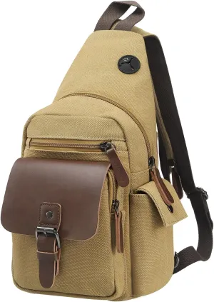 Canvas Sling Bag for Women Men, Crossbody Backpack Vintage Convertible, Rucksack Shoulder Bag W/Leather Accents for Outdoor Cycling Hiking Travel, Khaki