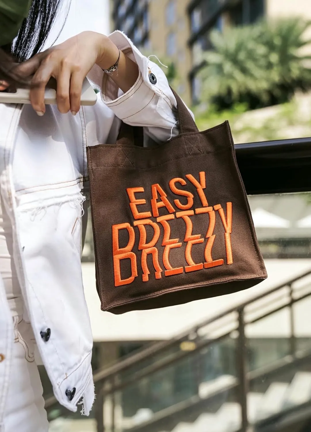 Canvas Tote Bag Square Embossed Embroidery Needlework Easy Breezy Handbag Grocery Reusable Washable Convenient