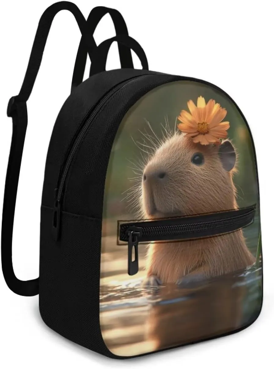 Capybara Floral Women's Backpack Small Size Durable Polyester Mini Rucksack, Lightweight Daypack for Travel, Work, Sports